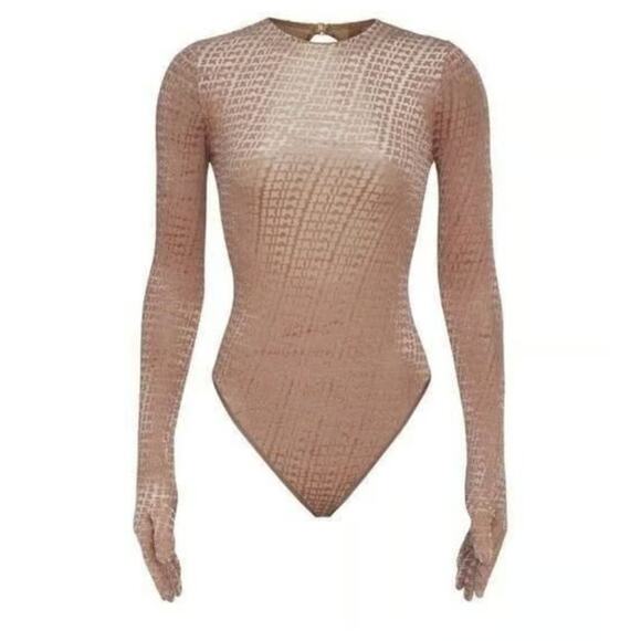 SKIMS chestnut tan brown burnout logo gloved long sleeve cutout bodysuit - Picture 1 of 12